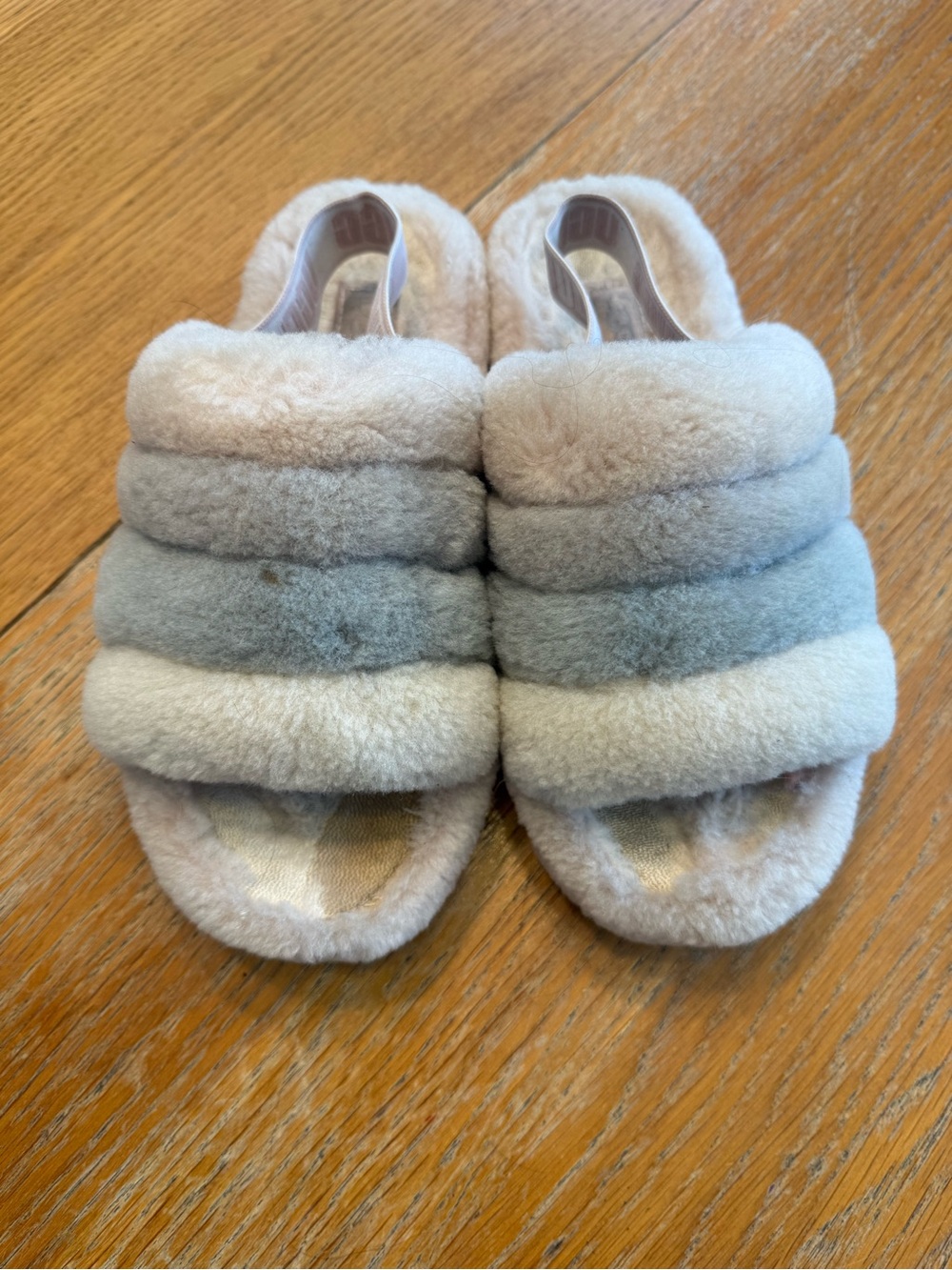 UGG Kids Plush Multi-Band Slide Sandals in Cream and Gray